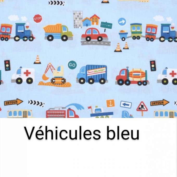 Cartable rabat motifs véhicules /coton unis bleu ciel et simili bleu marine 