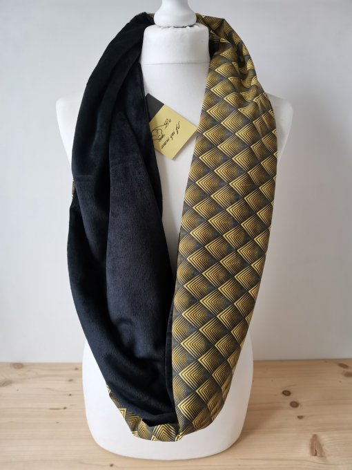 Tour de cou adulte double tour motifs  jaune minky polaire noire 