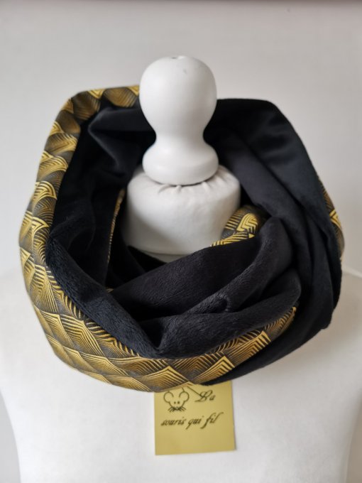 Tour de cou adulte double tour motifs  jaune minky polaire noire 