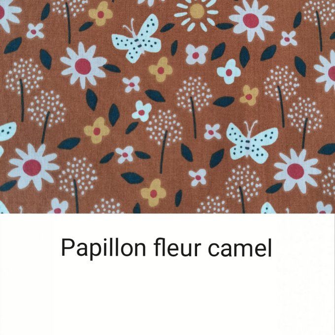 Cartable rabat motifs papillons fleurs camel/coton unis marron et simili bronze 