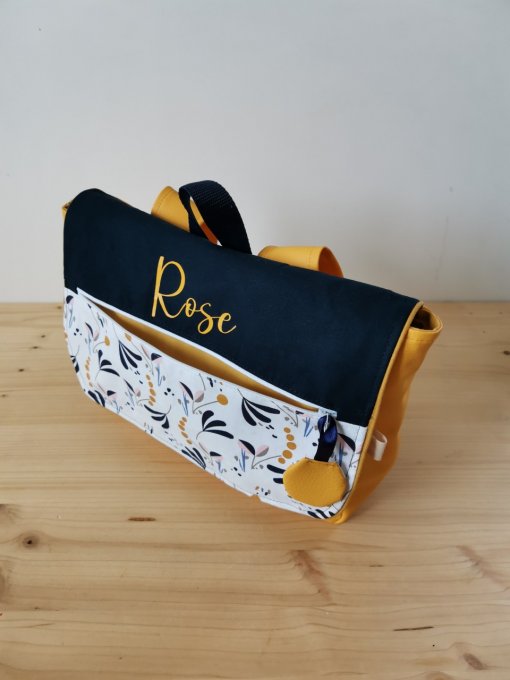 Cartable rabat motifs feuillage /coton unis bleu marine et simili Curcuma 