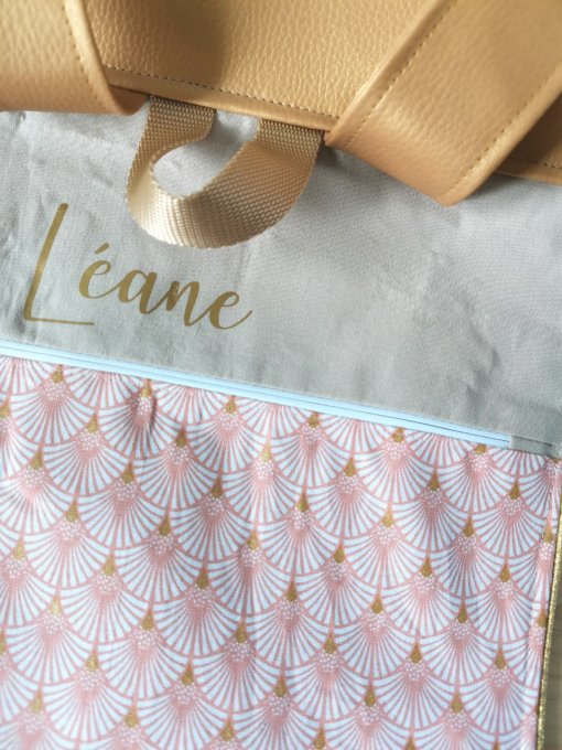 Cartable rabat motifs écay corail or/coton unis beige et simili or