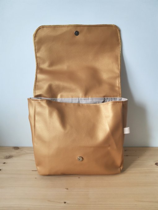 Cartable rabat motifs écay corail or/coton unis beige et simili or