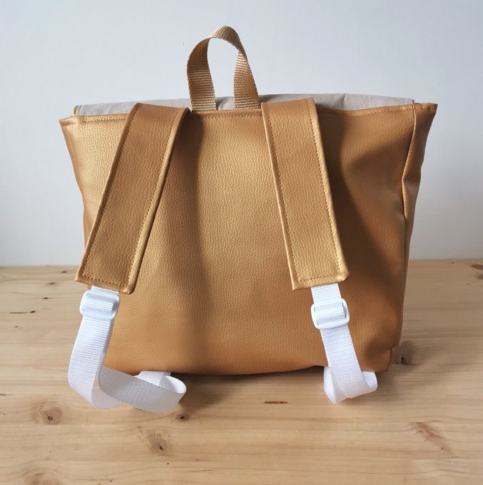 Cartable rabat motifs écay corail or/coton unis beige et simili or