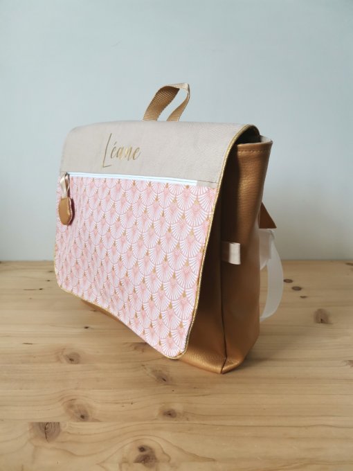 Cartable rabat motifs écay corail or/coton unis beige et simili or