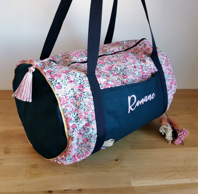 Sac bowling motifs fleuri n°2 et coton unis bleu marine