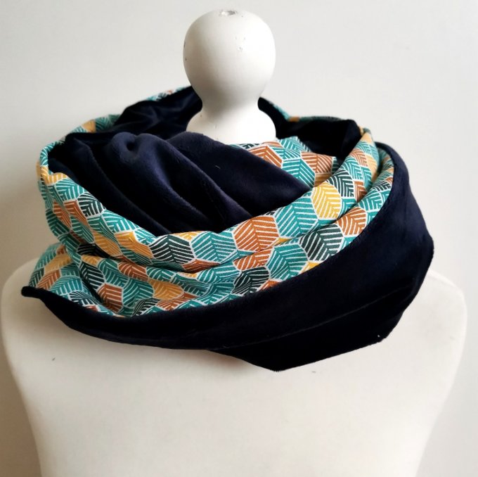 Tour de cou adulte double tour motifs graphiques  minky polaire bleu
