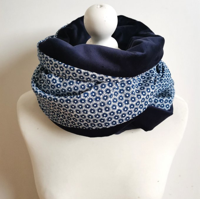 Tour de cou adulte double tour motifs oursins  minky polaire bleu 