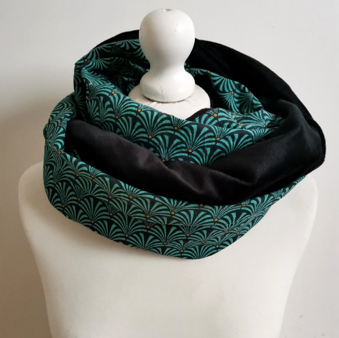 Tour de cou adulte double tour motifs éventails  minky polaire noire 