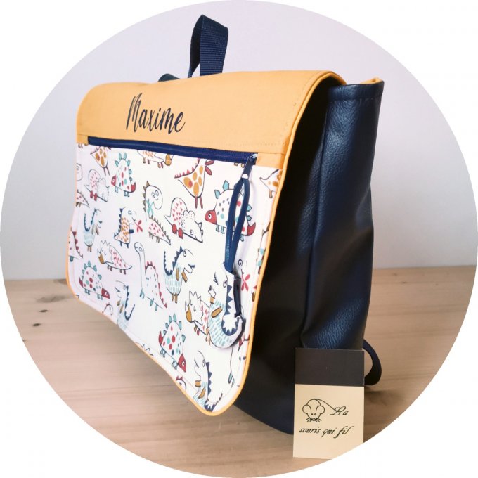 Cartable rabat motifs diplo/coton unis et simili bleu marine