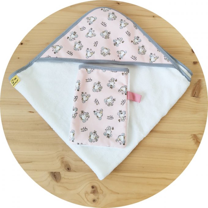 Cape de bain et gant motifs baby souris éponge blanche écriture noire 