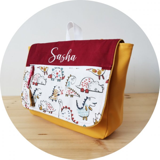 Cartable rabat motifs diplo/coton unis rouge et simili Curcuma 