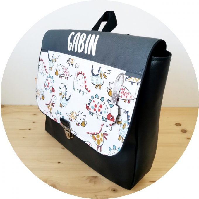 Cartable rabat motifs diplo/coton unis gris plomb et simili noir 