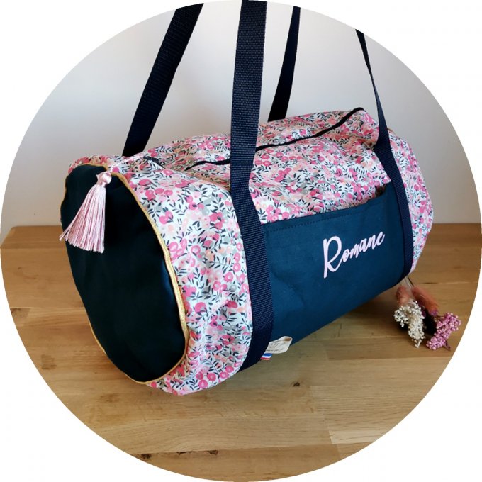 Sac bowling motifs fleuri n°2 et coton unis bleu marine