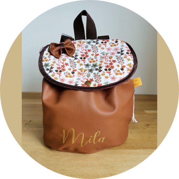 sac à dos  enfant motifs fleuri 33 simili marron clair 