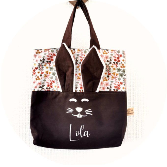 Sac lapin motifs fleuri 33 unis marron 