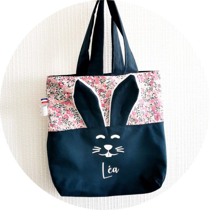 Sac lapin motifs fleuri 2 unis bleu marine 