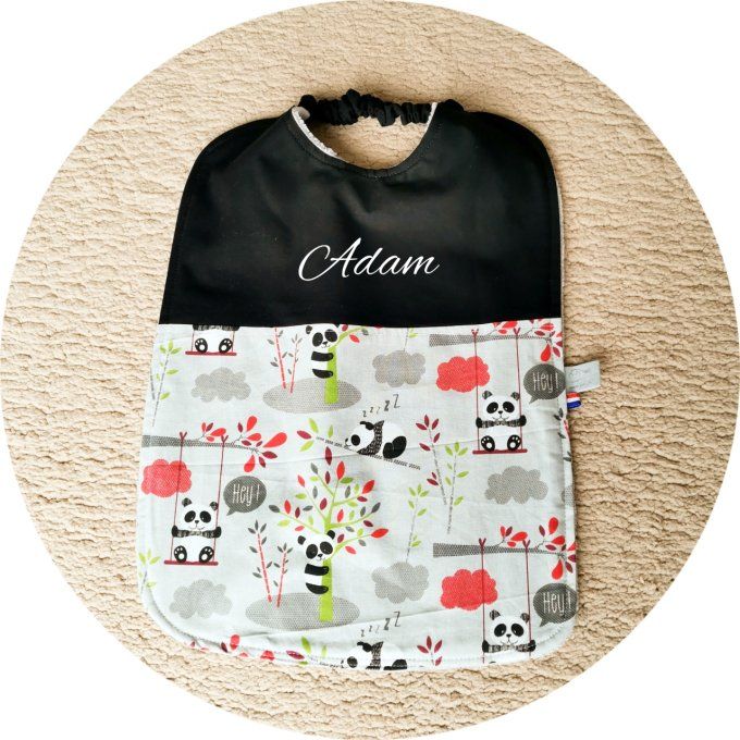 bavoir cantine motifs panda unis noir éponge grise