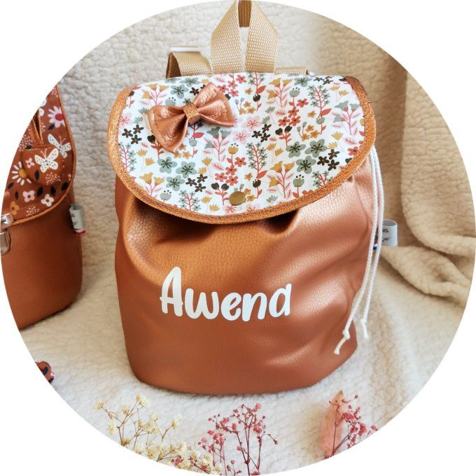 sac à dos  motifs fleuri 33 simili bronze